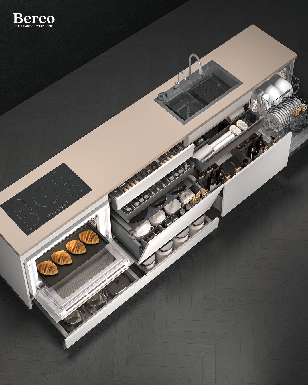 Fully fitted kitchen drawer system with organisers — Berco design reference