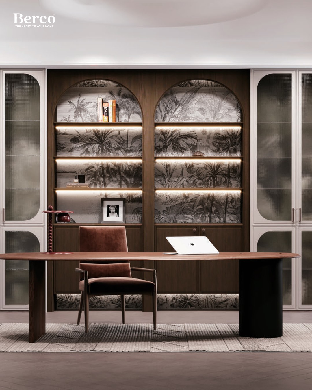 Warm walnut living room with display cabinetry — Berco design reference