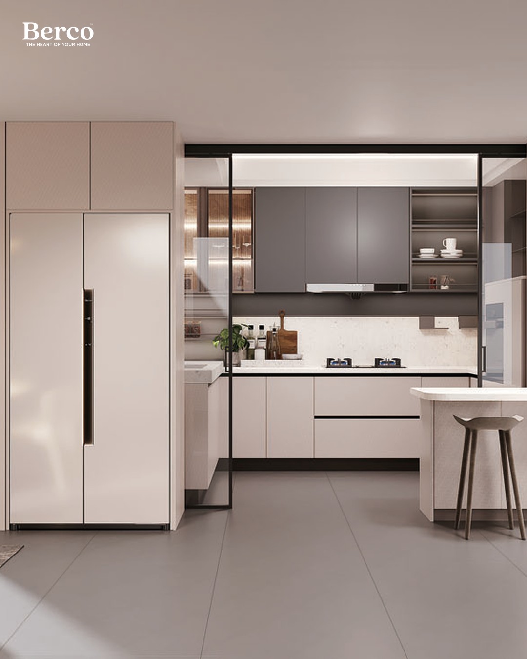 Bright cream-and-walnut island kitchen — Berco design reference