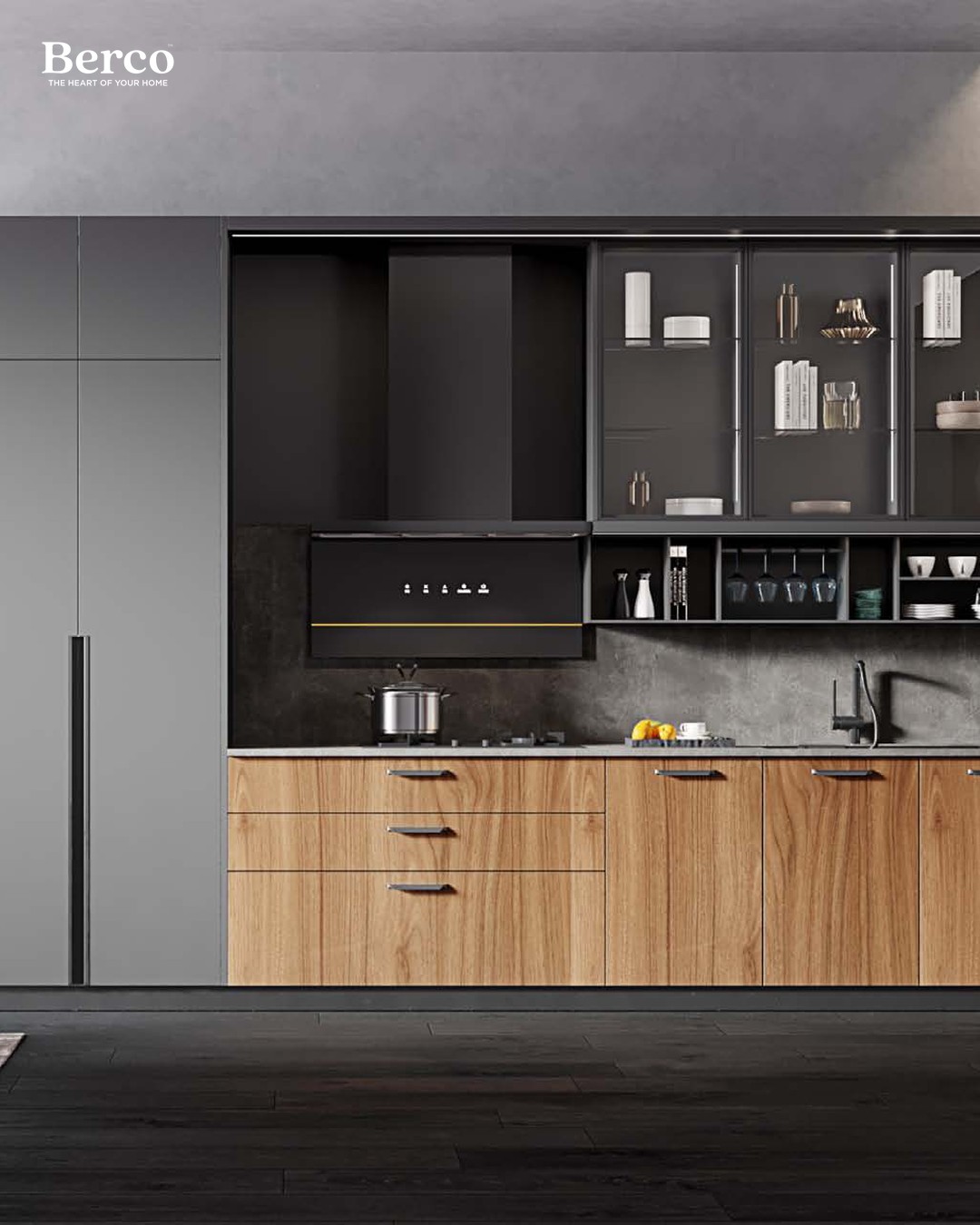 Dark-wood island kitchen in a bright home — Berco design reference