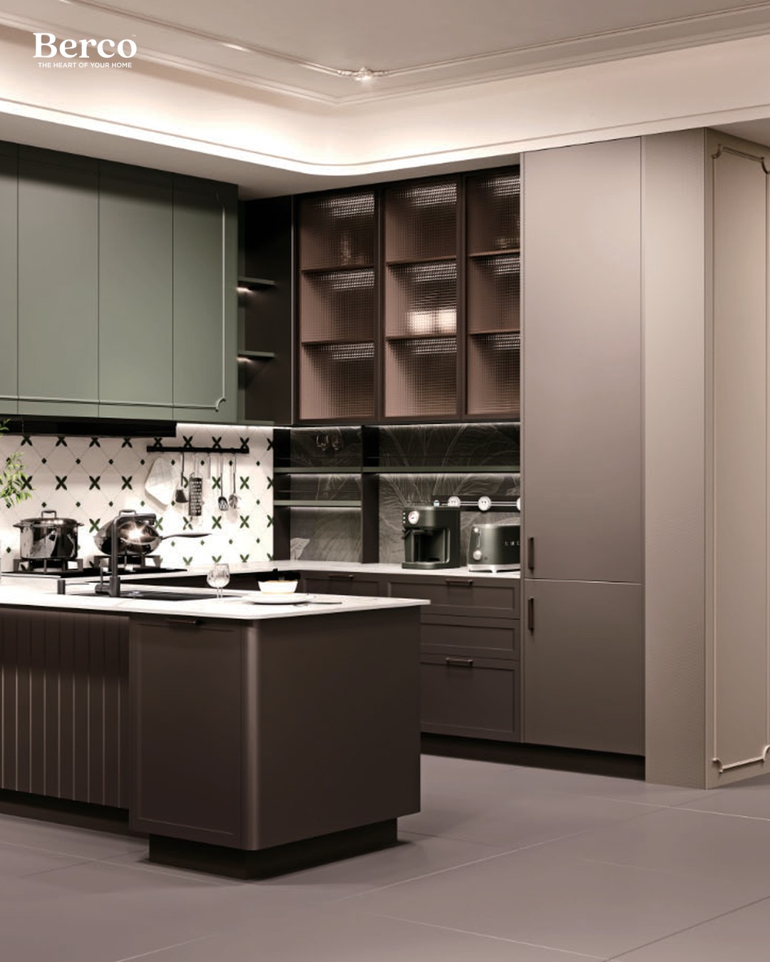 Warm dark-wood kitchen with glass display cabinets — Berco design reference