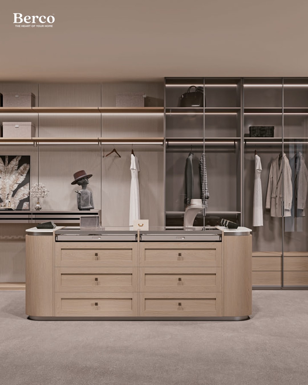 Fitted walk-in wardrobe with a dresser island — Berco design reference
