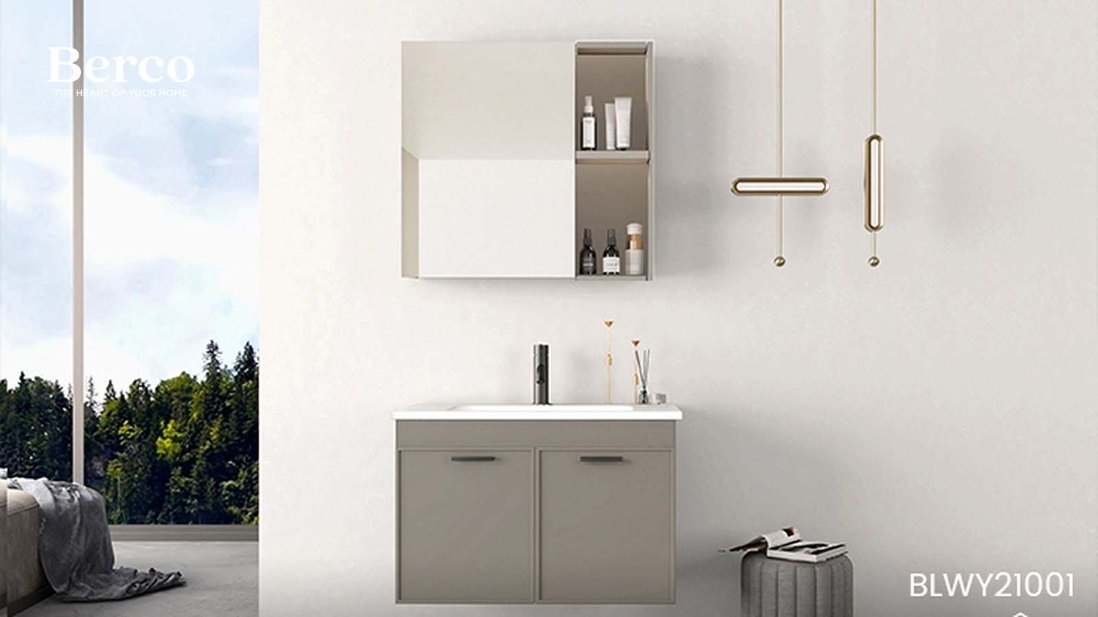 Grey wall-mounted vanity with a mirror cabinet and a brass pendant by the window — Berco design reference