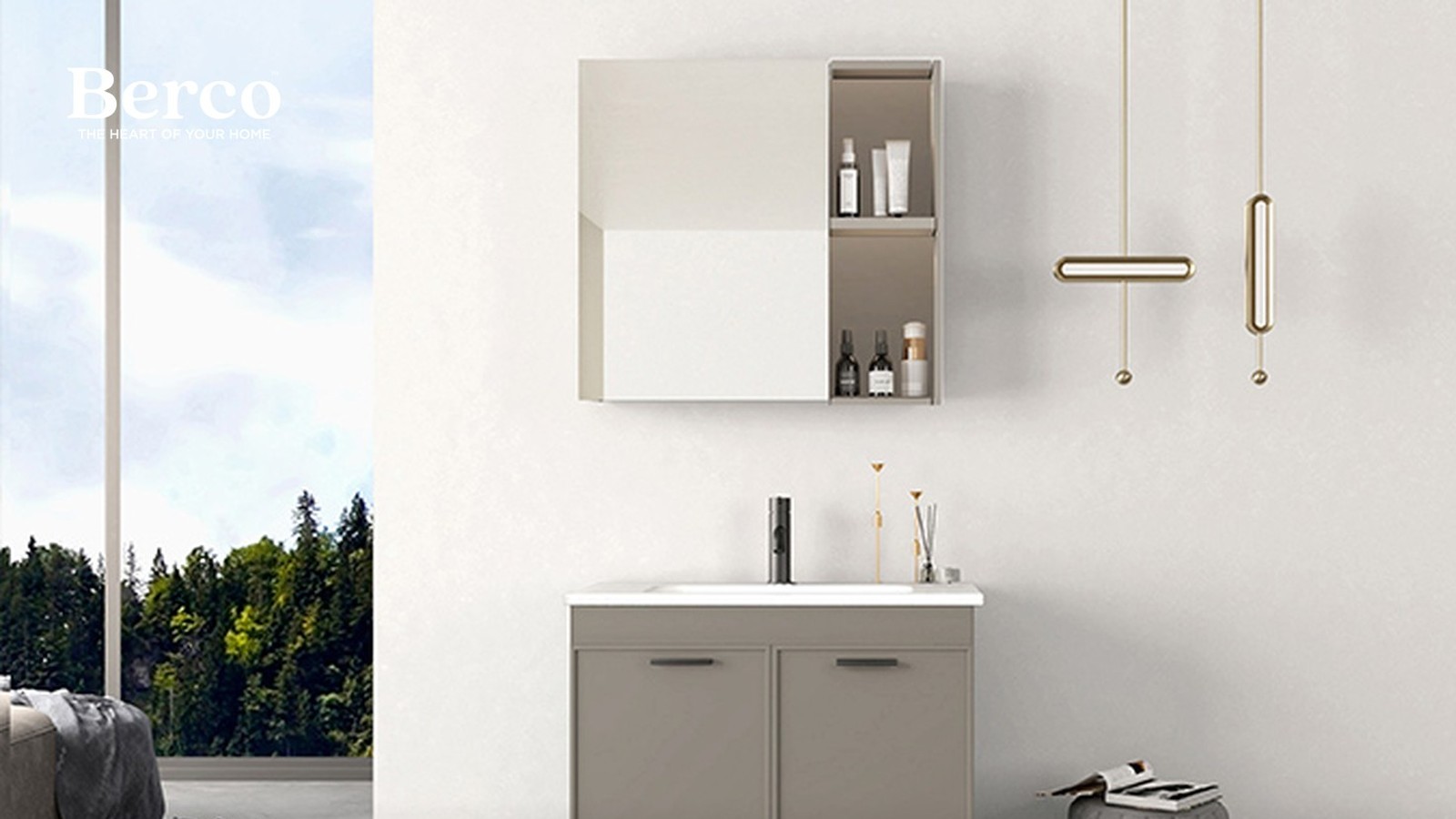 Gray wall-mounted vanity with a mirror cabinet and a brass pendant by the window. Berco design reference