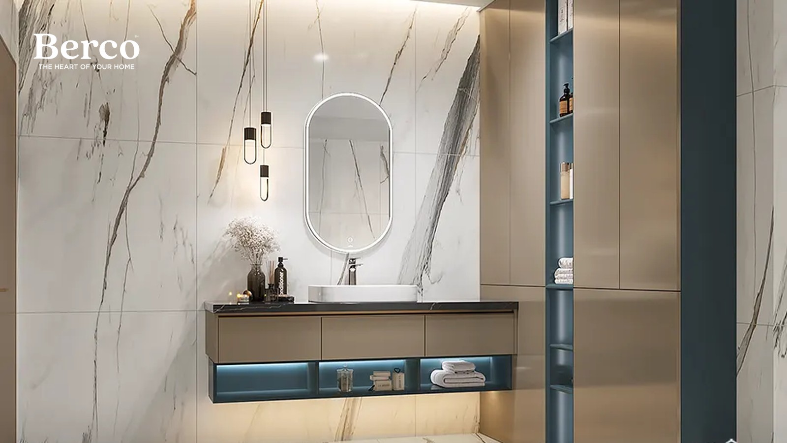 Floating bathroom vanity with a vessel basin, oval LED mirror and a lit display niche against book-matched marble — Berco design reference
