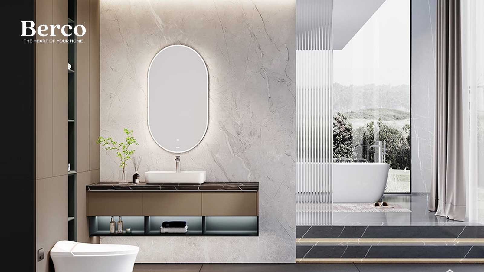 Bright marble bathroom with a floating vanity, oval mirror and a freestanding tub by the window — Berco design reference