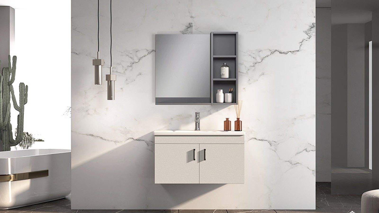 Bathroom with a white vanity and mirror cabinet beside a freestanding tub against book-matched marble — Berco design reference