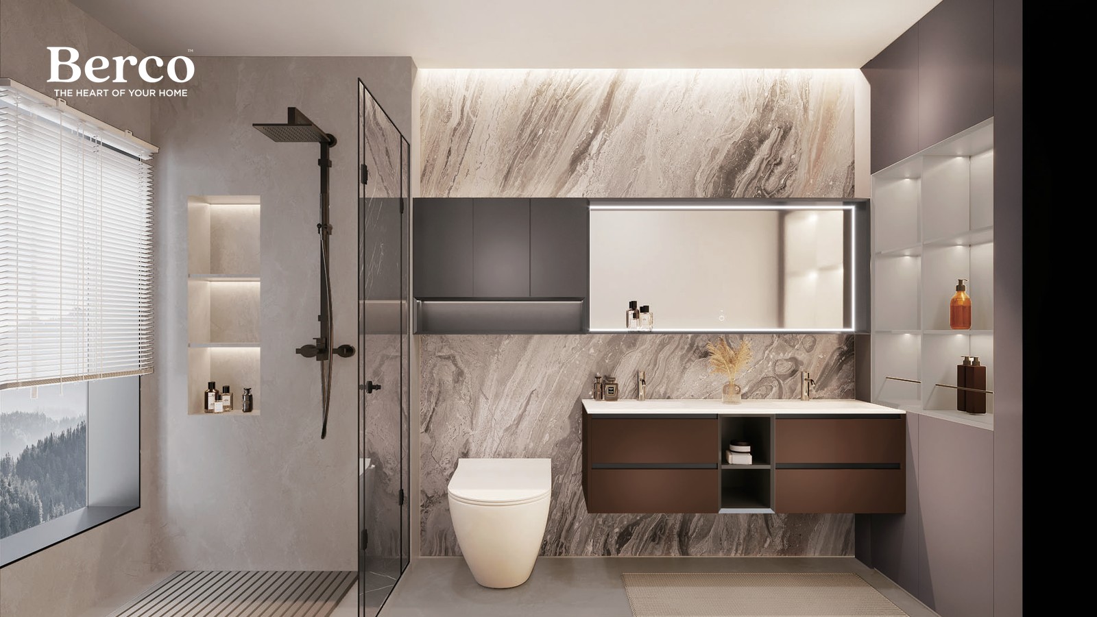 Bathroom vanity with marble surfaces and fitted storage in a wet room — Berco design reference