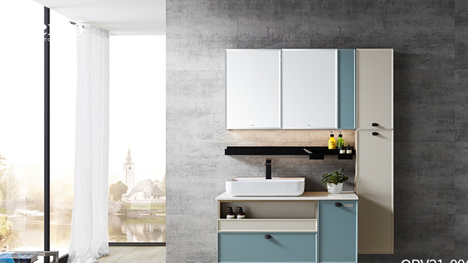 Bathroom vanity in wood tones with a mirror cabinet and a garden view — Berco design reference