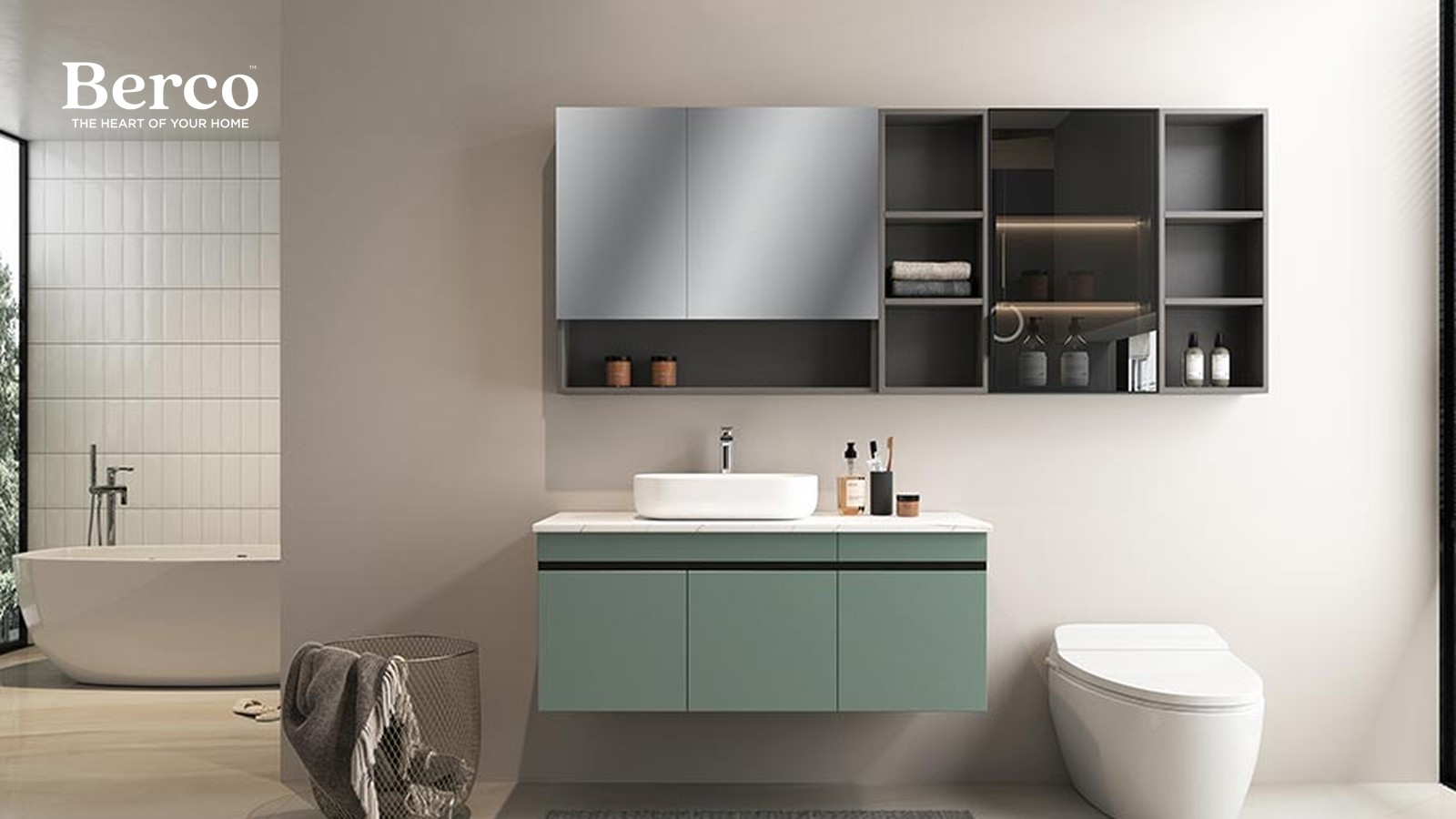A sage green floating vanity with a vessel basin below a wall unit combining mirror doors, open cubbies and a lit glass compartment — Berco design reference.
