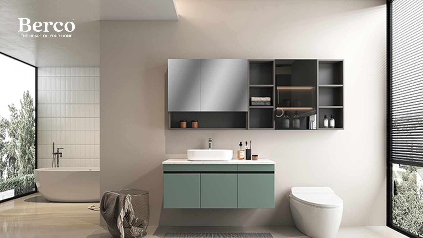 Sage Green Floating Vanity And Mirror Wall — view 2