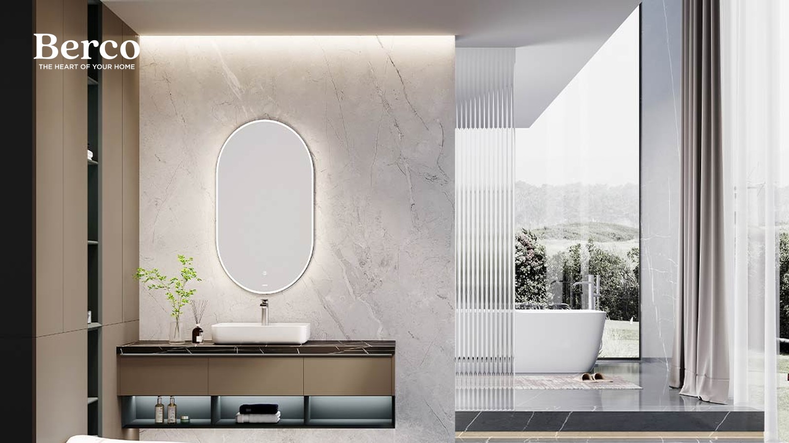 A taupe wall-hung vanity with a dark stone top and a lit open niche beneath, under an oval backlit mirror on a marble wall — Berco design reference.