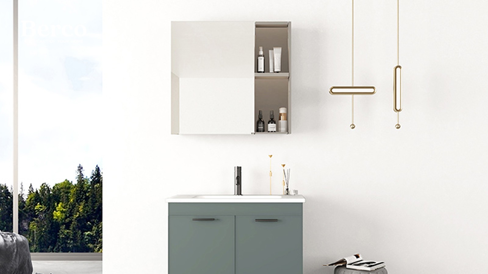 A blue-grey two-door vanity with an integrated white basin below a mirror cabinet with open side shelves — Berco design reference.