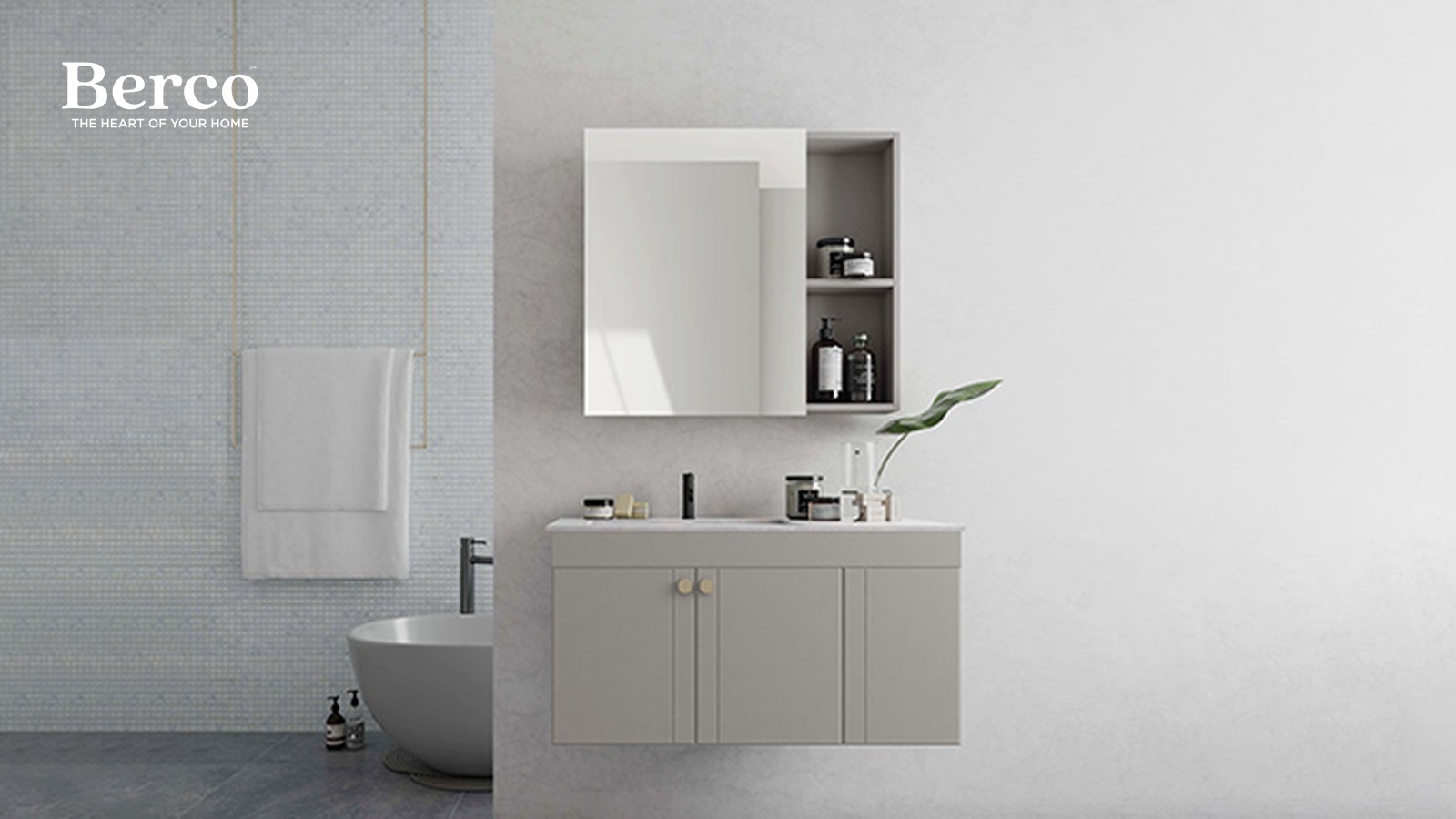A compact grey wall-hung vanity with an integrated basin top and brass knobs, beside a mirror cabinet with open side shelves — Berco design reference.