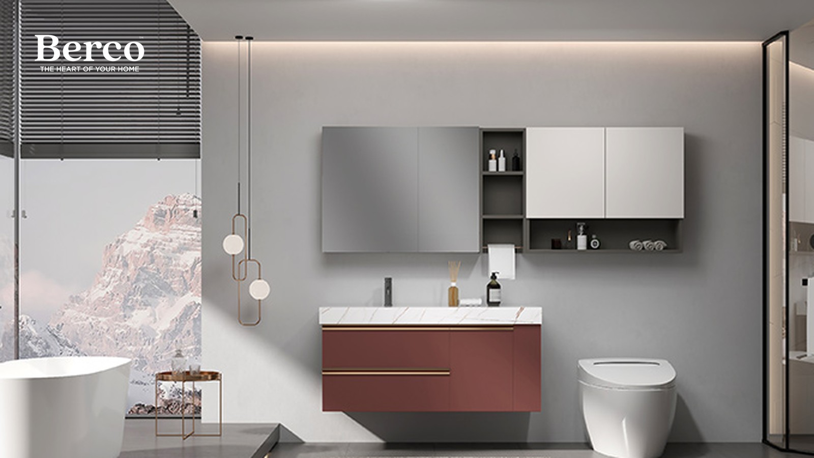 A terracotta wall-hung vanity with brass handle rails and a marble-look top, under a mirror cabinet, open shelves and white wall units — Berco design reference.