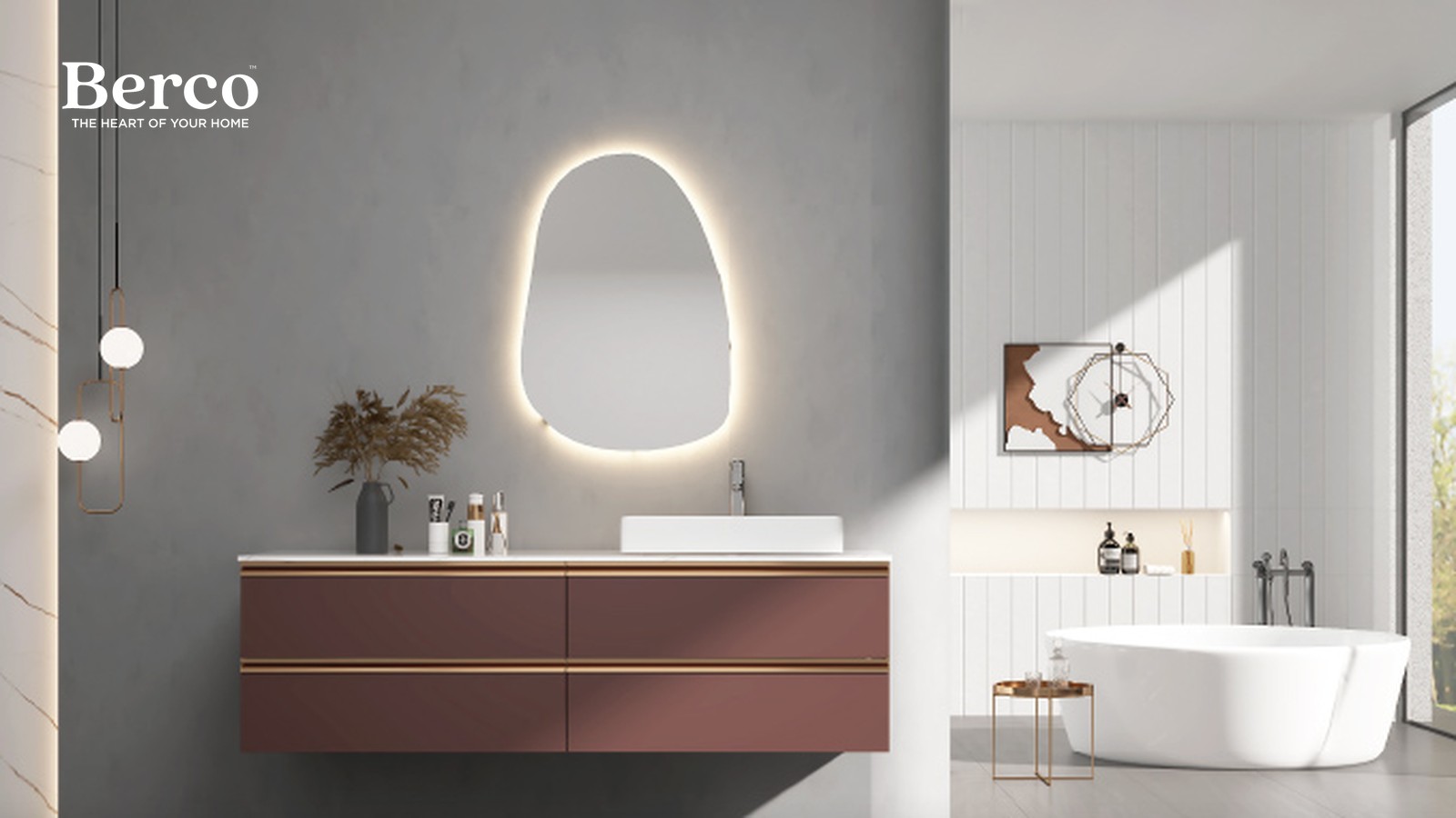 A wide rosewood-toned wall-hung vanity with two rows of drawers, recessed brass handle channels and a vessel basin under a backlit mirror — Berco design reference.