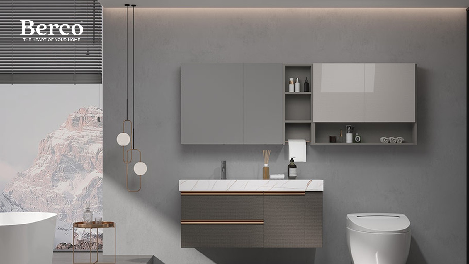 A dark textured wall-hung vanity with copper handle rails and a marble-look top, paired with grey wall cabinets and open shelving — Berco design reference.