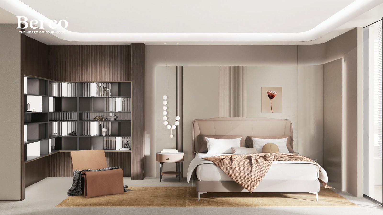 Bedroom with fitted storage and warm finishes — Berco design reference