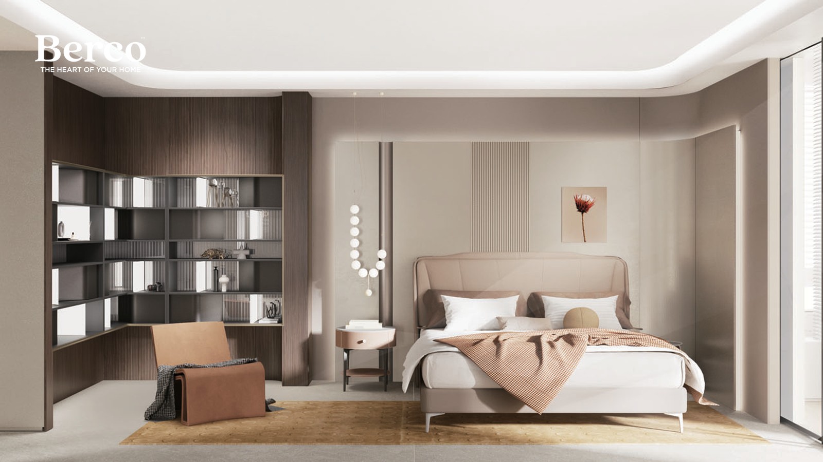 Warm bedroom with open display shelving and fitted storage — Berco design reference