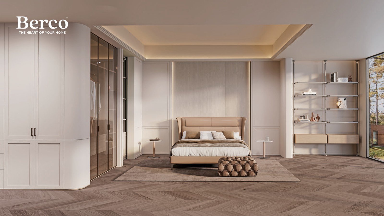 Bedroom with a fitted wardrobe wall and window seat — Berco design reference