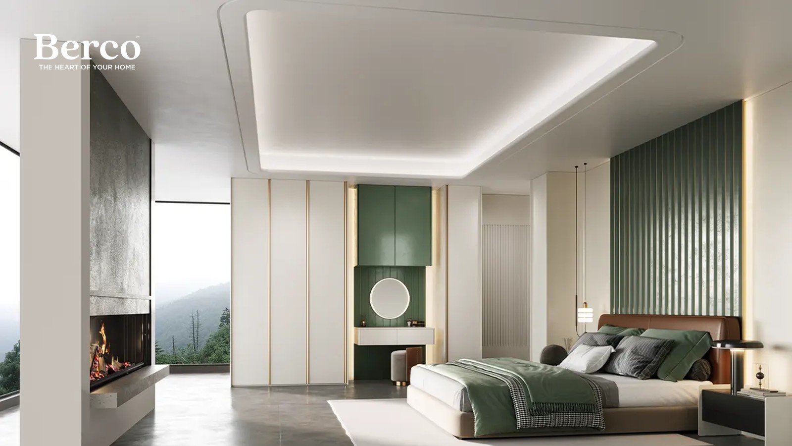 Bedroom suite with a fitted wardrobe, dressing area and a fireplace with a view — Berco design reference
