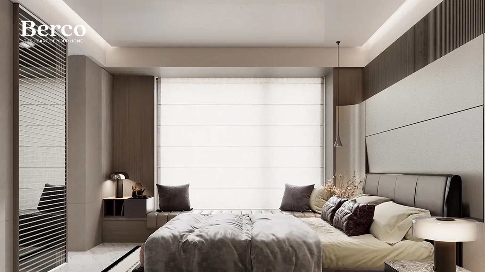 Bedroom design reference seen along the room, with a low bench under a sheer-shaded window, a slim console beside a walnut column and a soft panelled headboard wall under a ribbed cornice — Berco design reference.