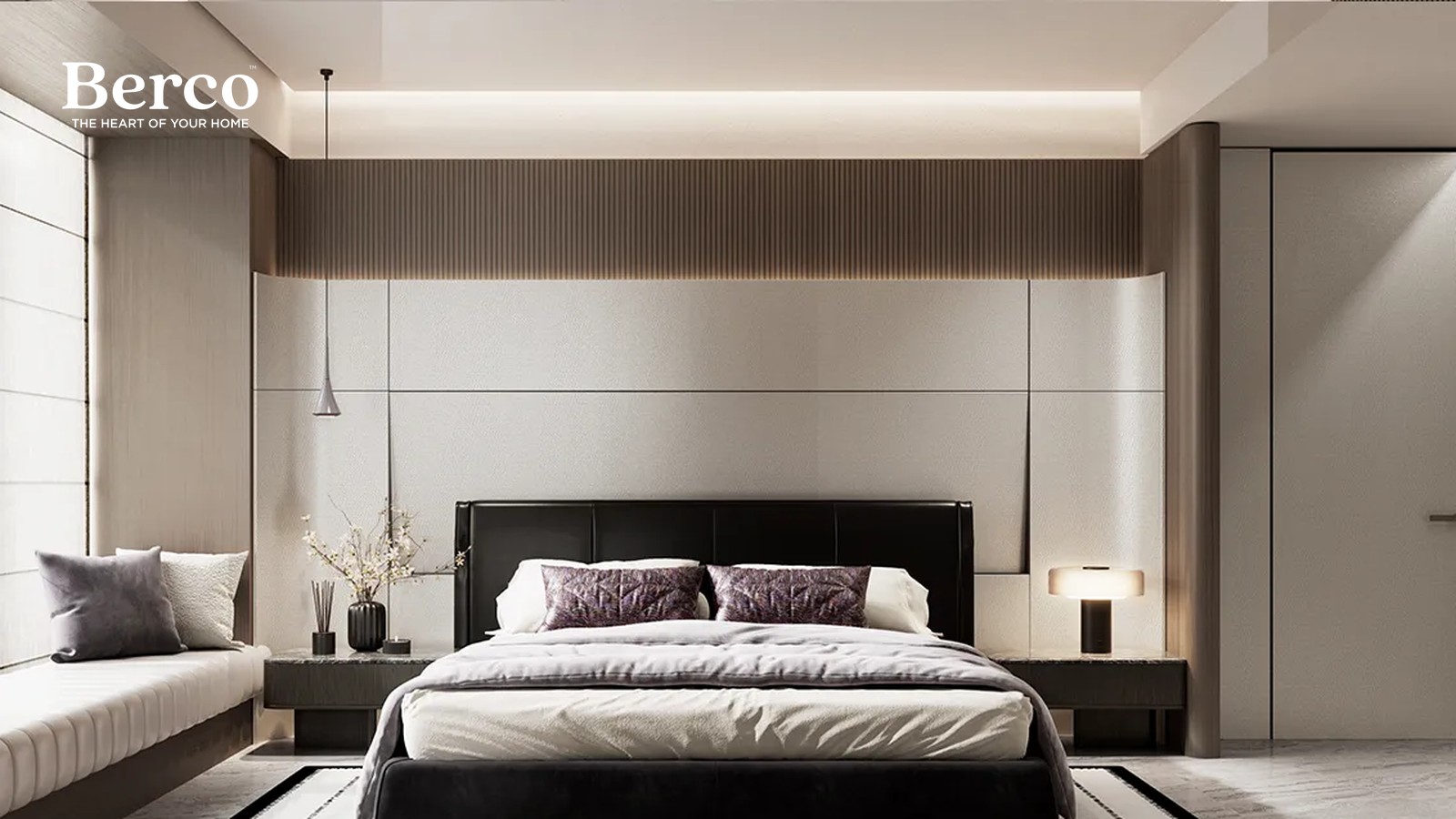 Bedroom design reference showing a wide upholstered panel wall behind a dark leather bed, matching stone-topped floating bedsides and a ribbed timber valance above — Berco design reference.