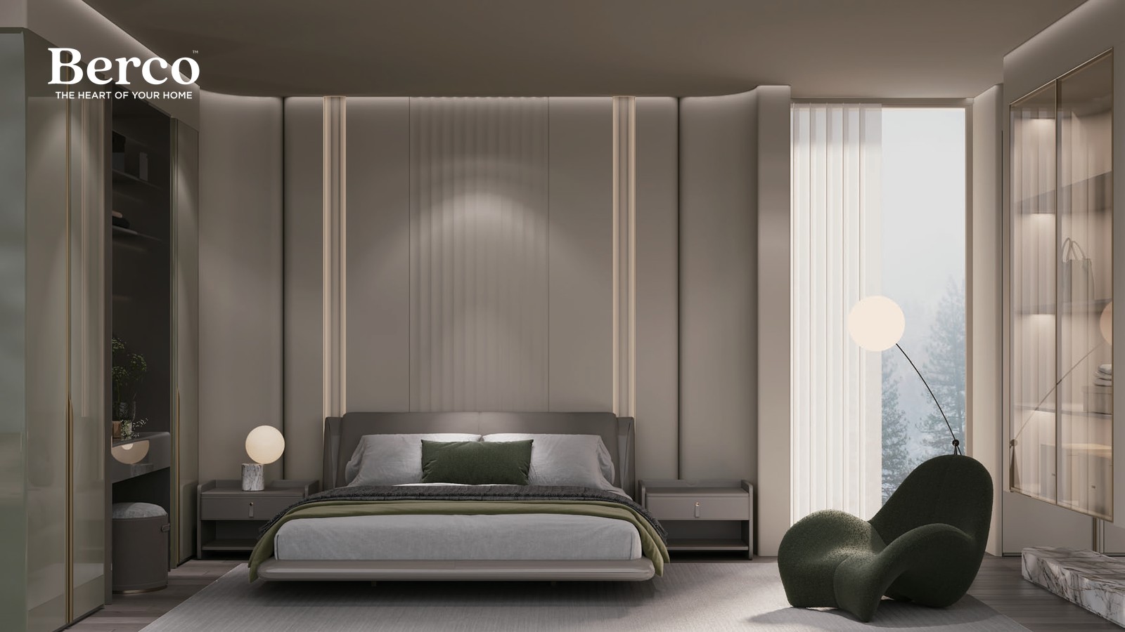 Bedroom with full-height fitted storage integrated into the wall — Berco design reference