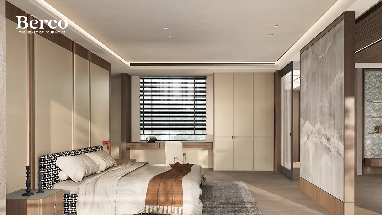 Bedroom design reference with a full-height oak wardrobe run framed by walnut uprights, a slim desk shelf under the window and a tall cream cabinet bank — Berco design reference.