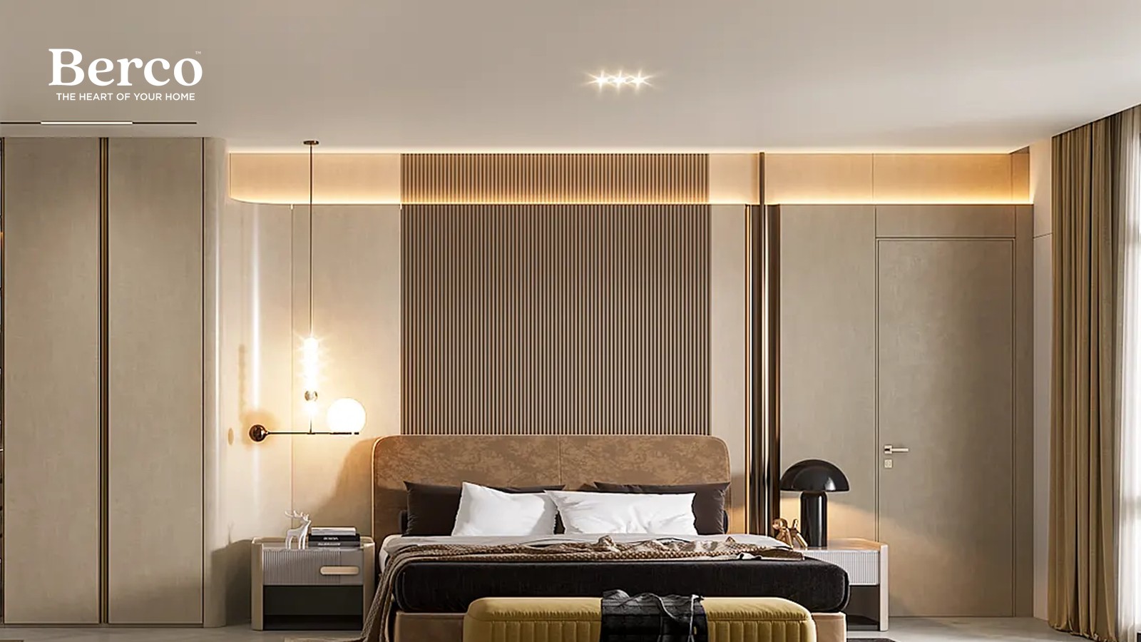 Master bedroom design reference with a lit fluted timber headboard panel, a full-height wardrobe on one side, a flush concealed door on the other and ribbed bedside drawers — Berco design reference.