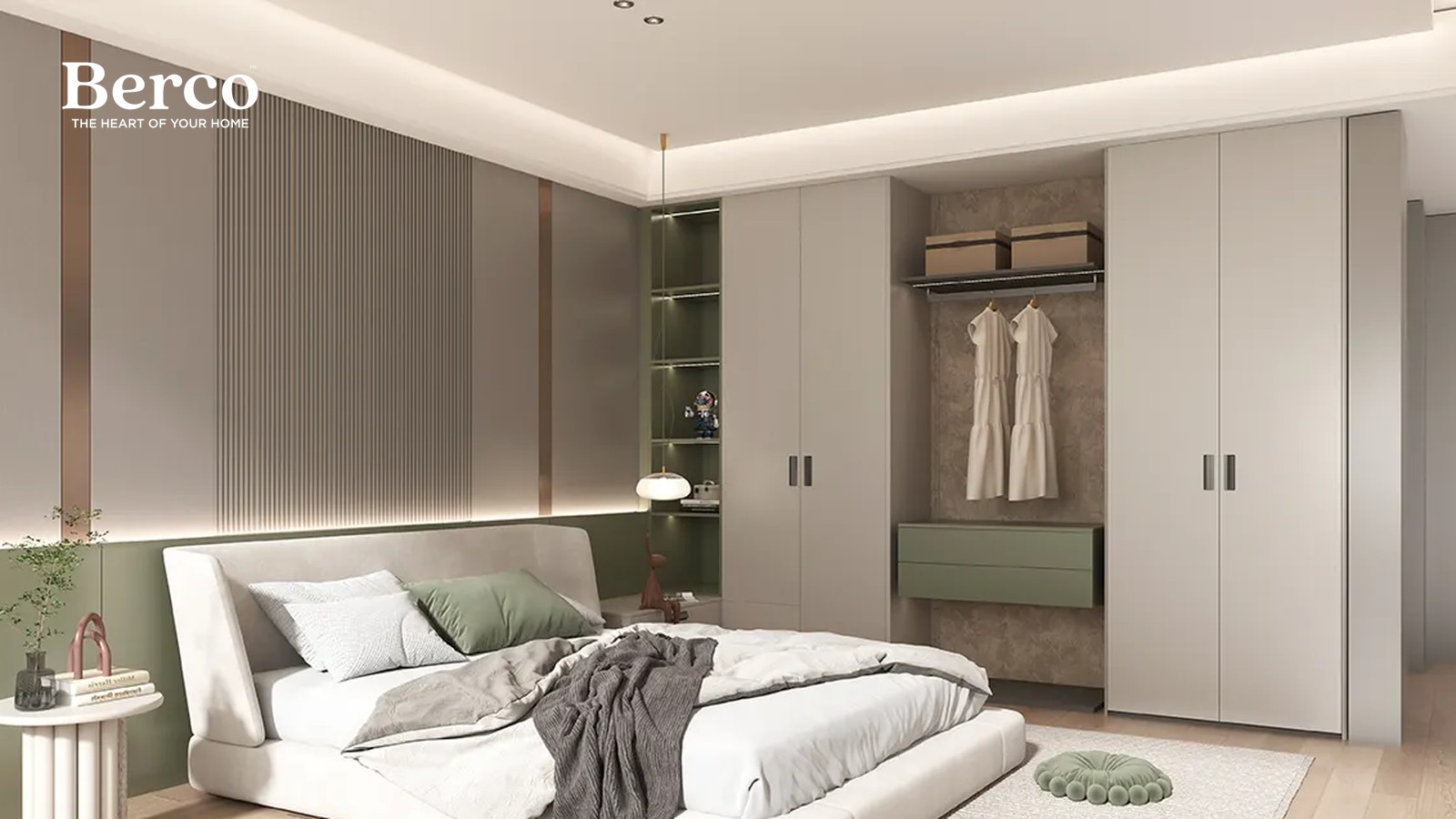 Bedroom design reference showing a full-height cream wardrobe run with an open hanging niche, a floating sage drawer unit and a ribbed grey headboard wall — Berco design reference.