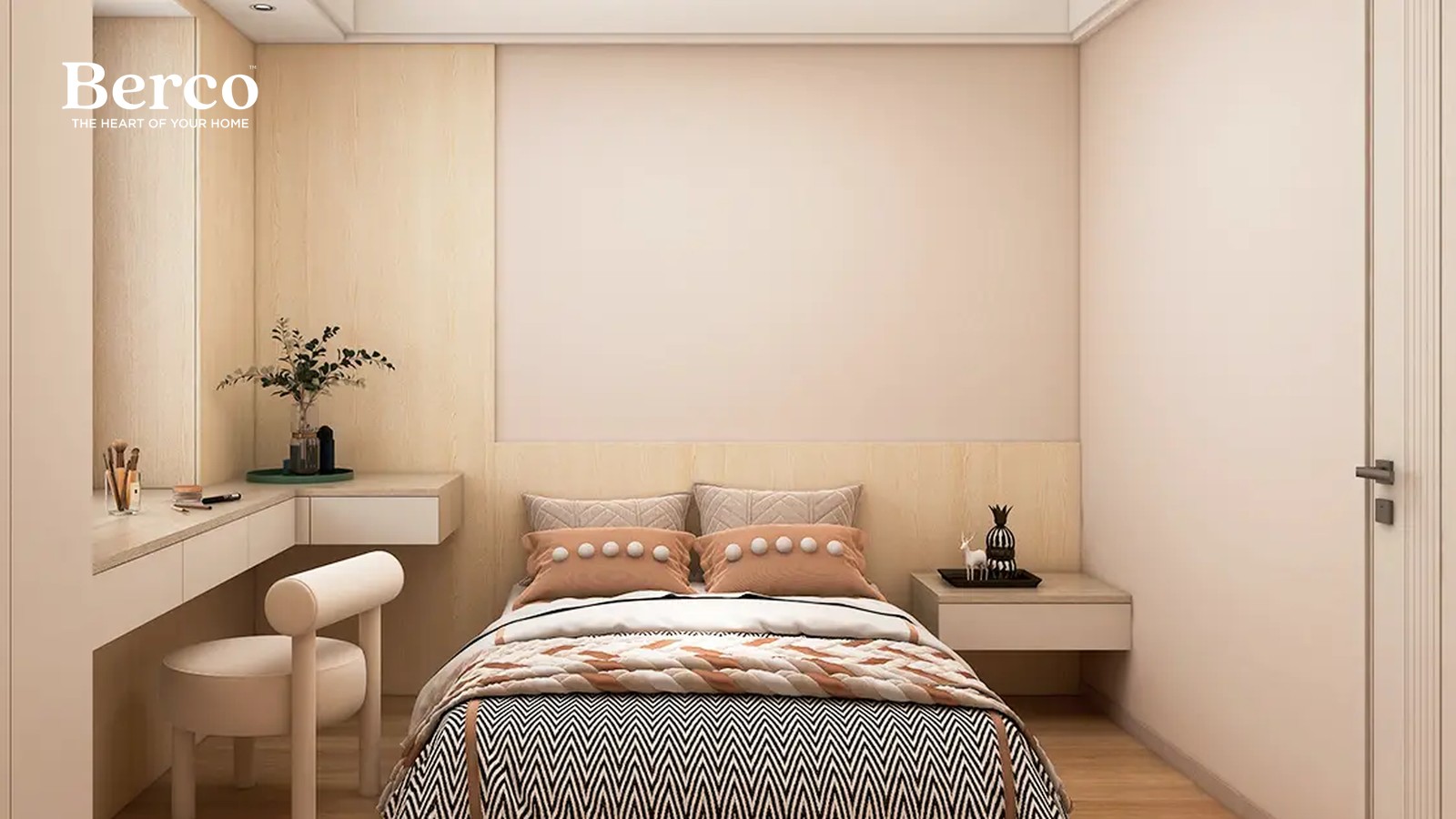 Small bedroom design reference with a light oak dressing counter turning the corner beside a mirror, a floating bedside shelf and a wood headboard band — Berco design reference.