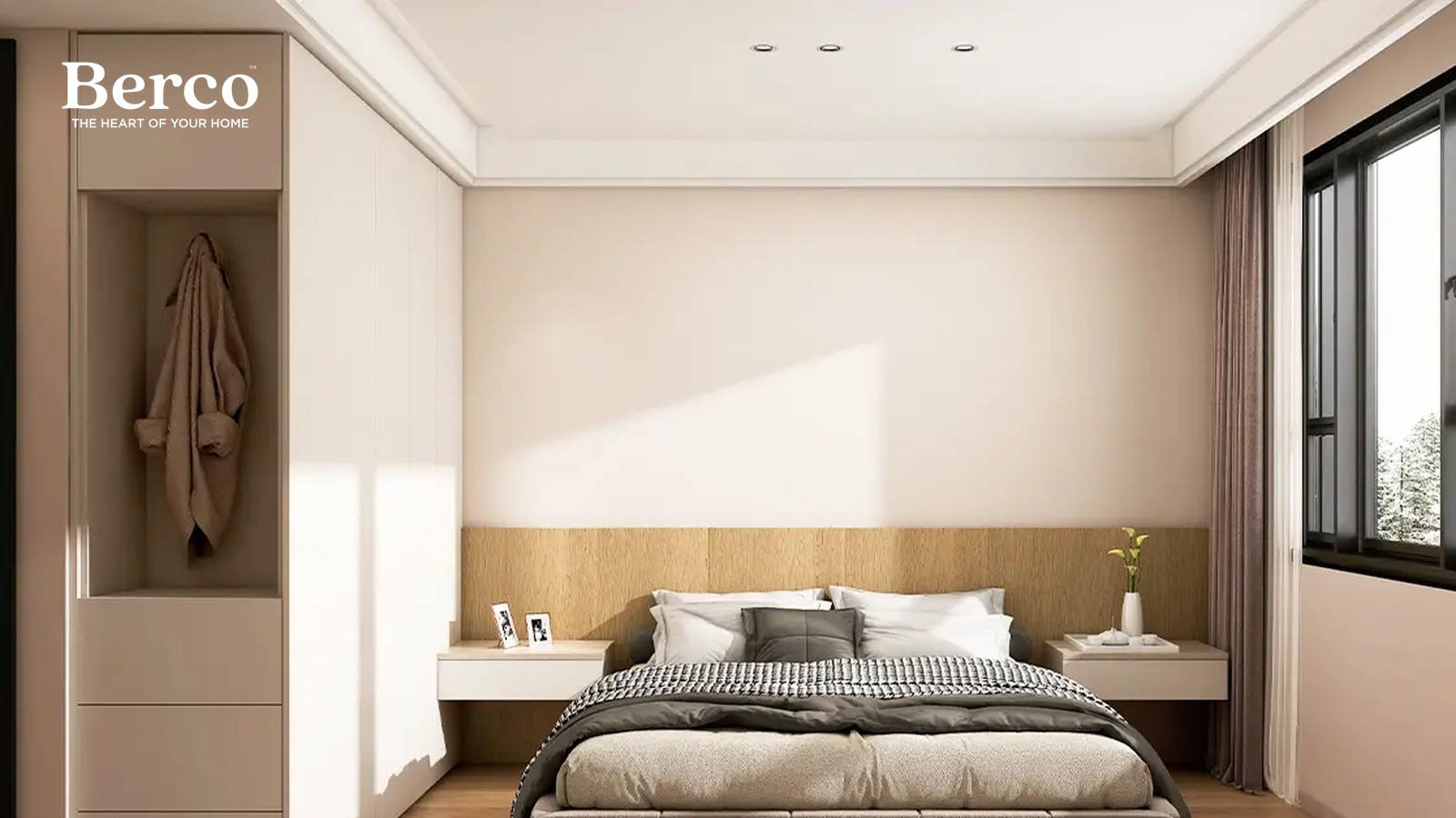 Small bedroom design reference with a white full-height wardrobe opened at one bay for hanging and drawers, floating bedside shelves and a wood slat headboard band — Berco design reference.