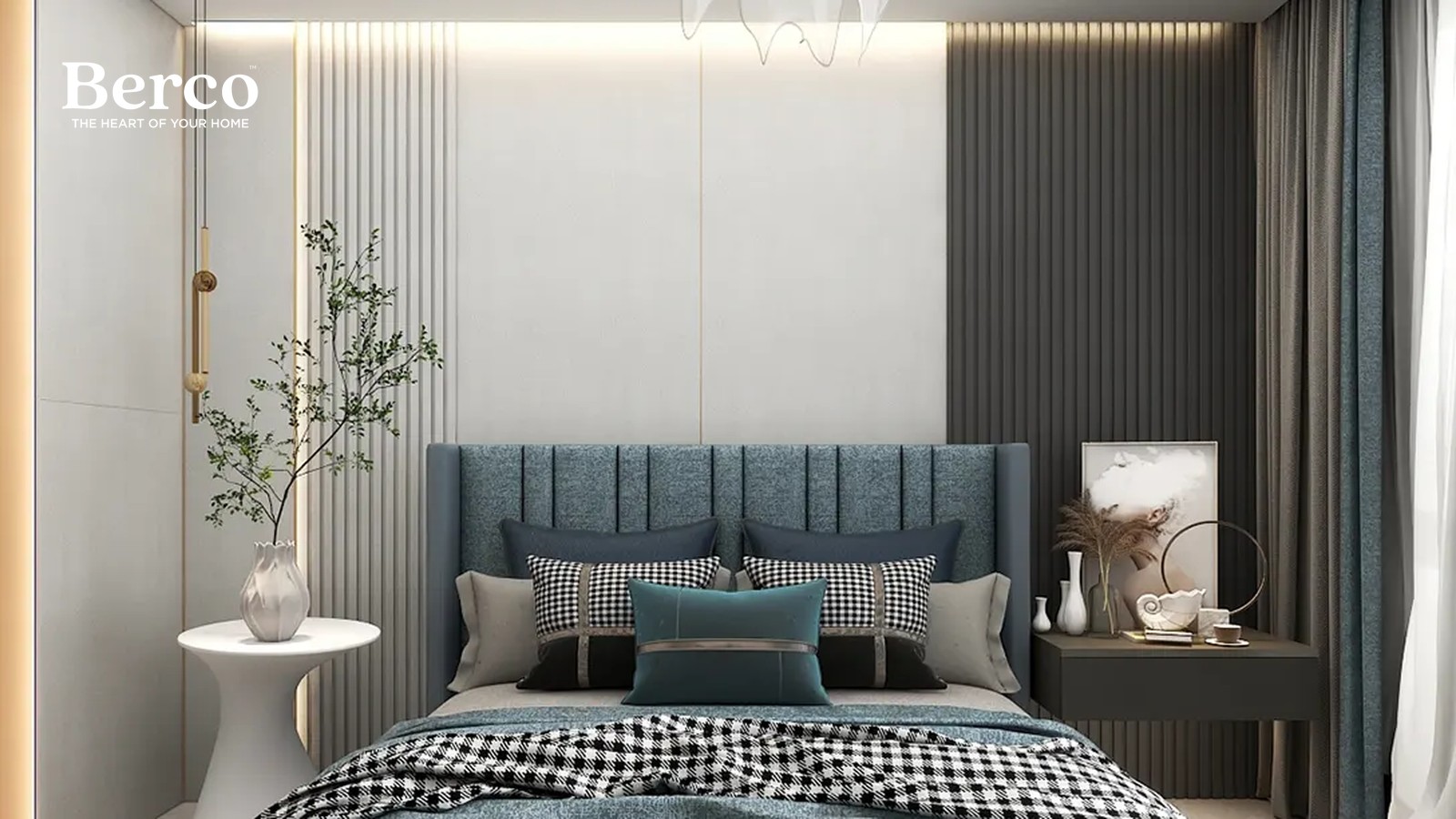 Bedroom design reference with a blue fabric wingback headboard framed by fine fluted light panels on one side and a deeper ribbed grey panel on the other, beside a black floating console — Berco design reference.