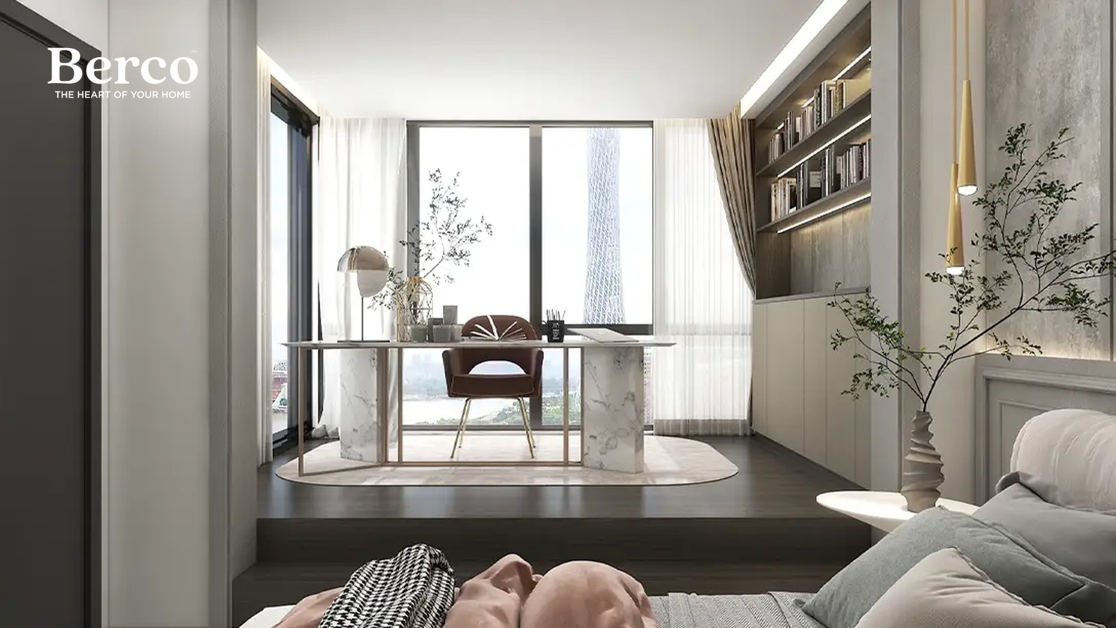 Bedroom design reference showing a desk on a raised platform against floor-to-ceiling glass, with a lit built-in bookshelf run over closed cabinets behind it — Berco design reference.