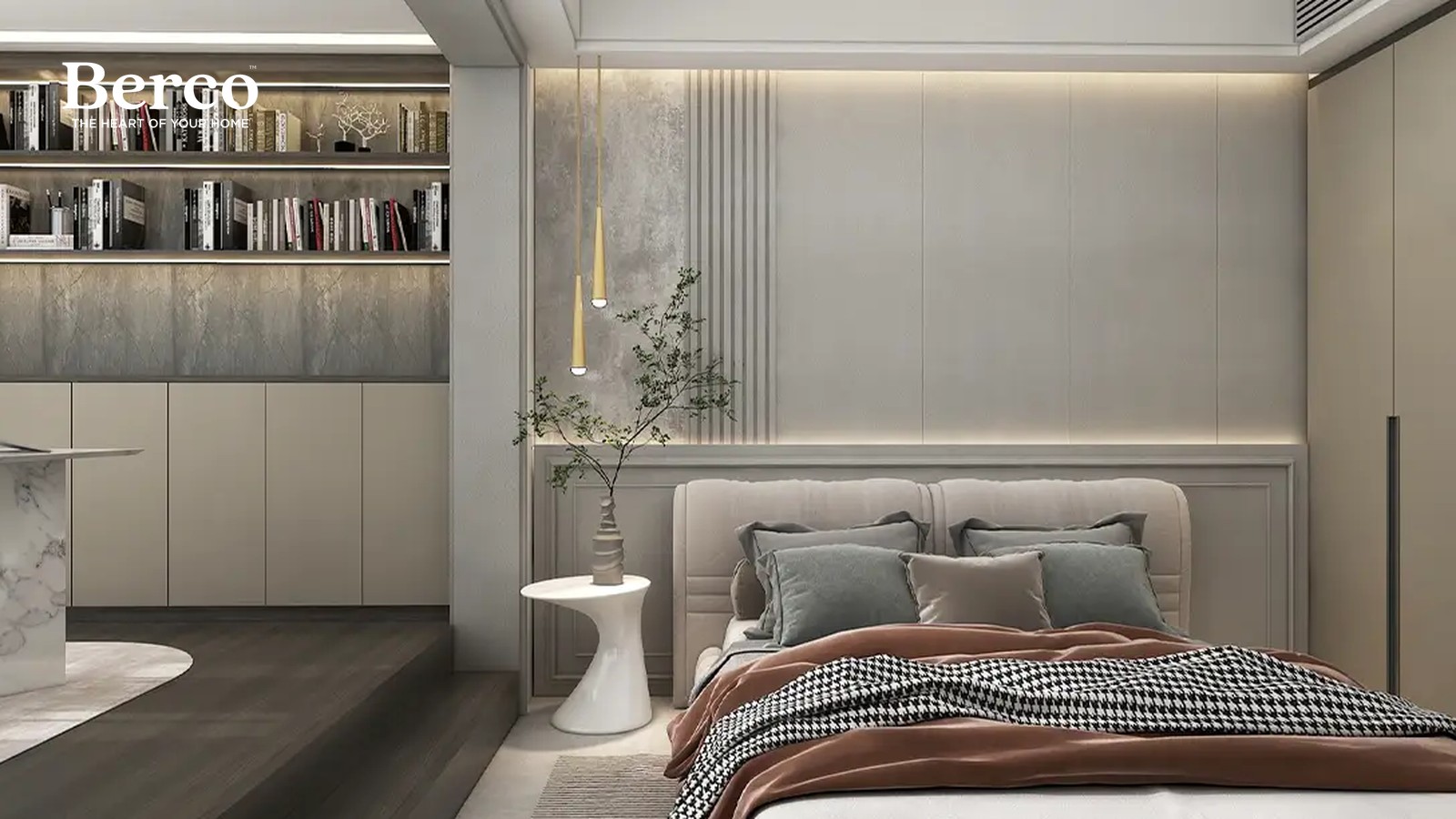 Bedroom design reference with a lit open bookshelf run over closed base cabinets on a raised timber platform, beside a panelled headboard wall and full-height wardrobe — Berco design reference.