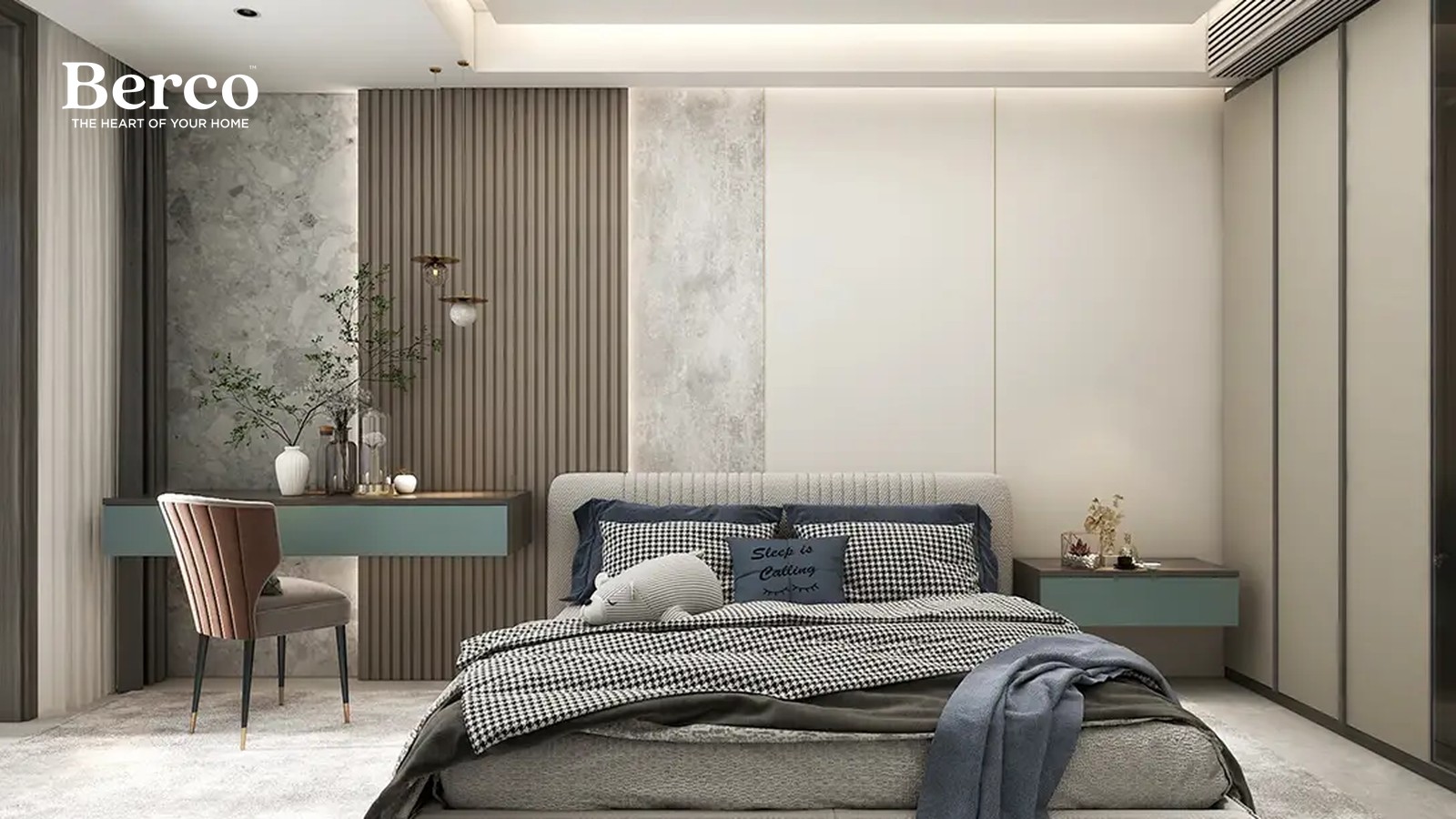 Master bedroom design reference with a muted green floating desk under a stone wall, a matching floating bedside, fluted walnut panels and a full-height cream wardrobe wall — Berco design reference.