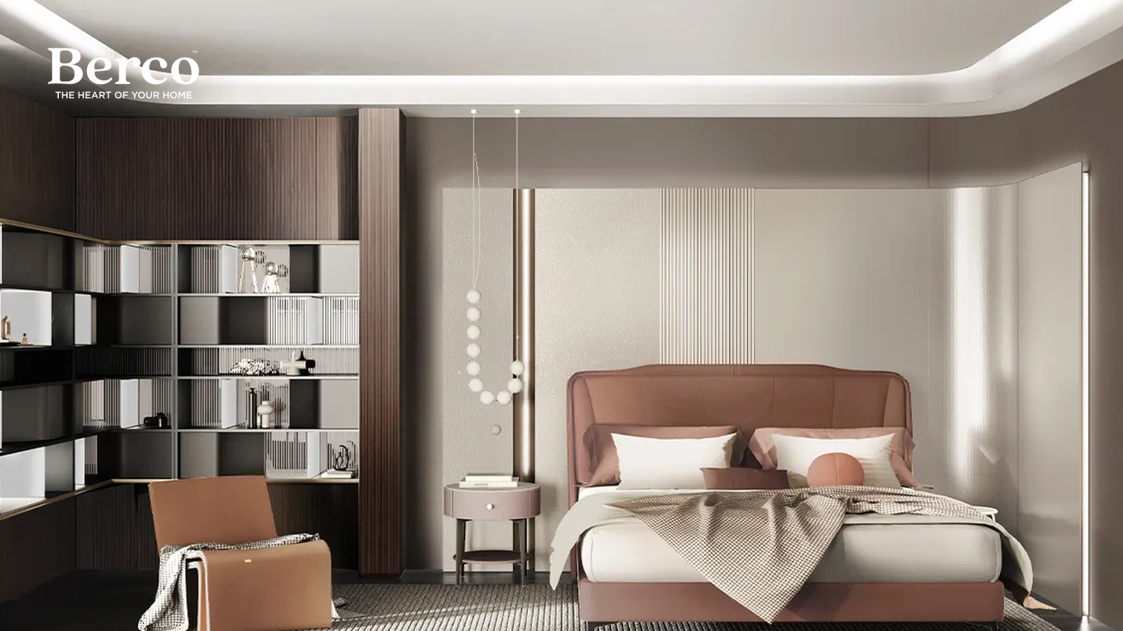 Bedroom design reference with a terracotta leather headboard facing a corner run of open black display shelving, glass-fronted bays and a fluted dark timber panel — Berco design reference.