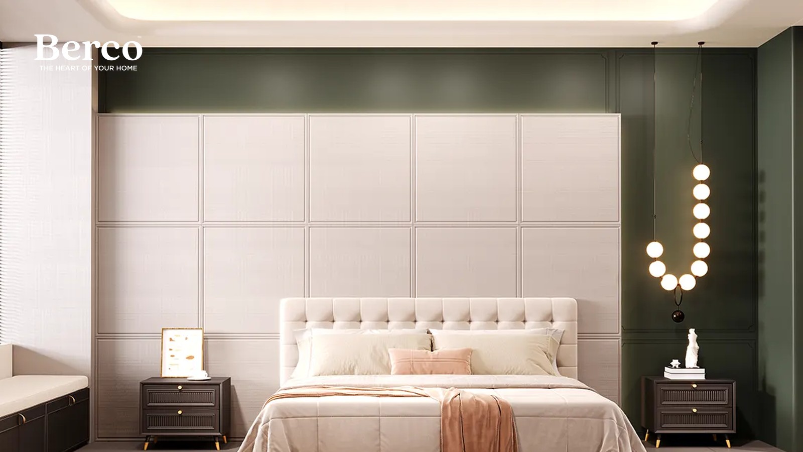 Bedroom design reference where a grid of upholstered cream wall panels sits against a deep green wall, with fluted dark bedside cabinets and a window bench with drawers — Berco design reference.