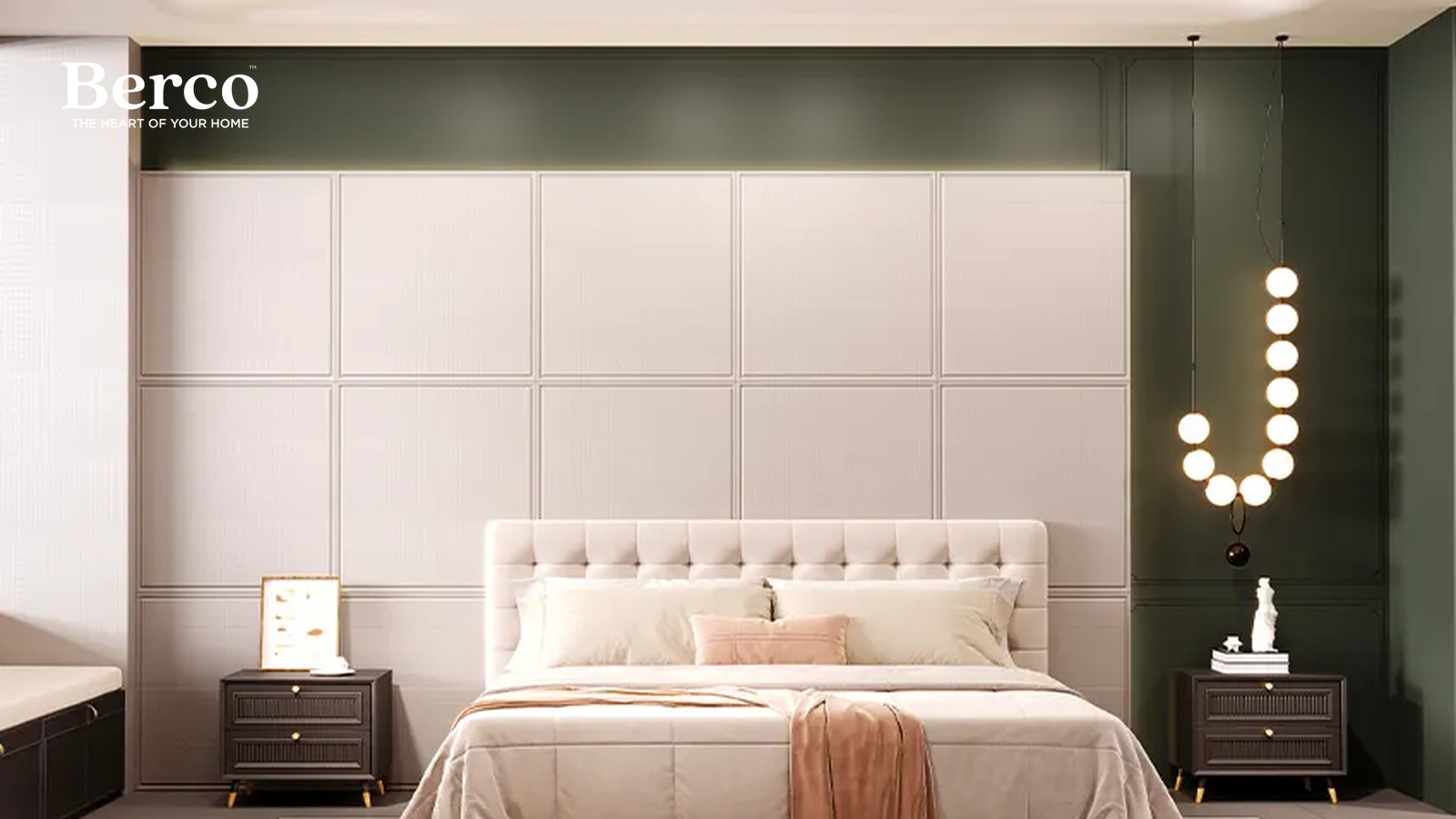 Panelled Headboard Wall in Deep Green — view 2