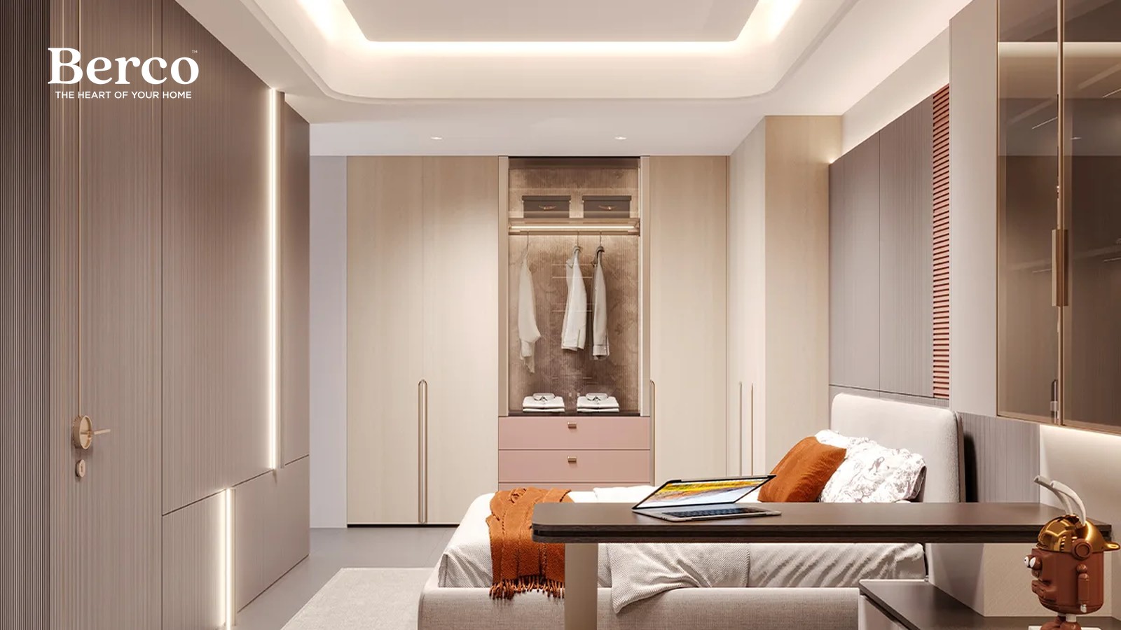 Warm neutral bedroom with a built-in wardrobe wall and integrated bedside storage — Berco design reference