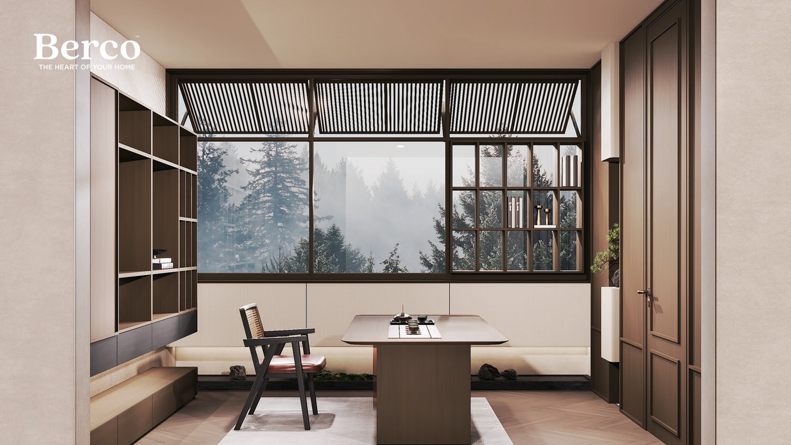 Quiet dining corner with a built-in window bench over drawers, a dark timber table and an open shelving grid with a closed drawer bank on the side wall — Berco design reference.