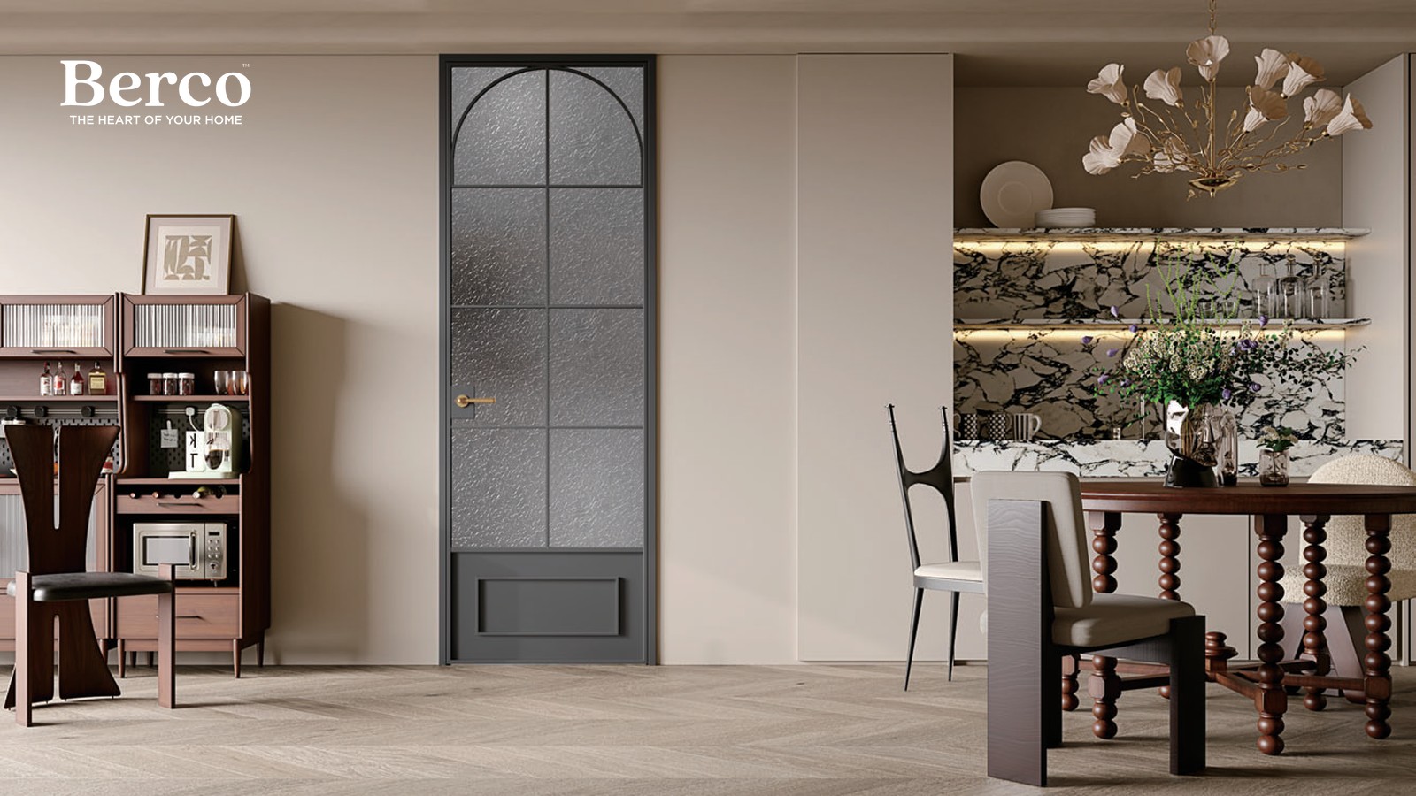 Dining room with a timber beverage cabinet in reeded glass doors holding a coffee machine on a pull-out counter, and lit stone servery shelves over a marble backsplash — Berco design reference.