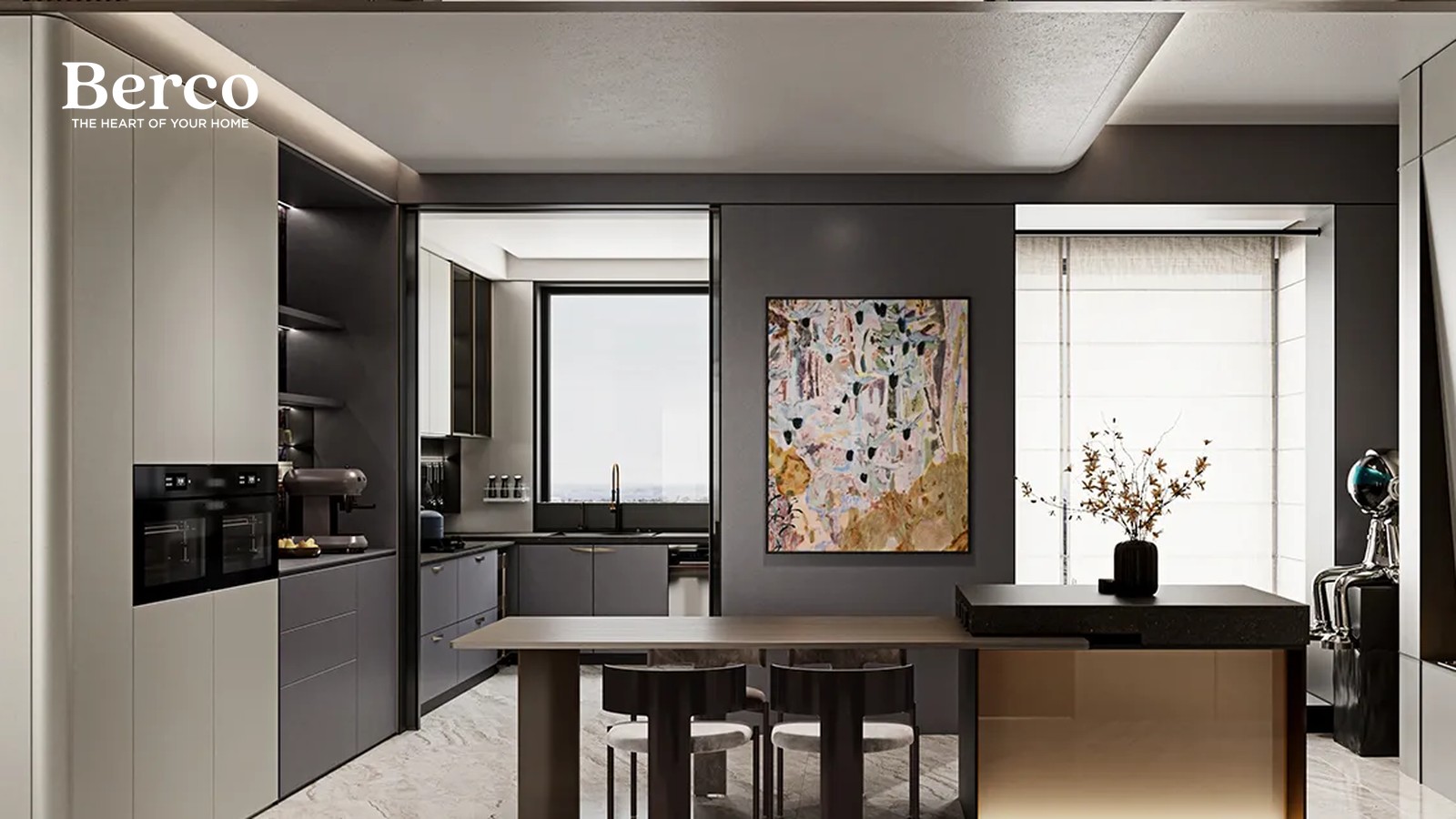 Dining table running off the end of a dark stone-topped island with a warm metal side panel, with tall storage columns and a glazed partition to the kitchen behind — Berco design reference.