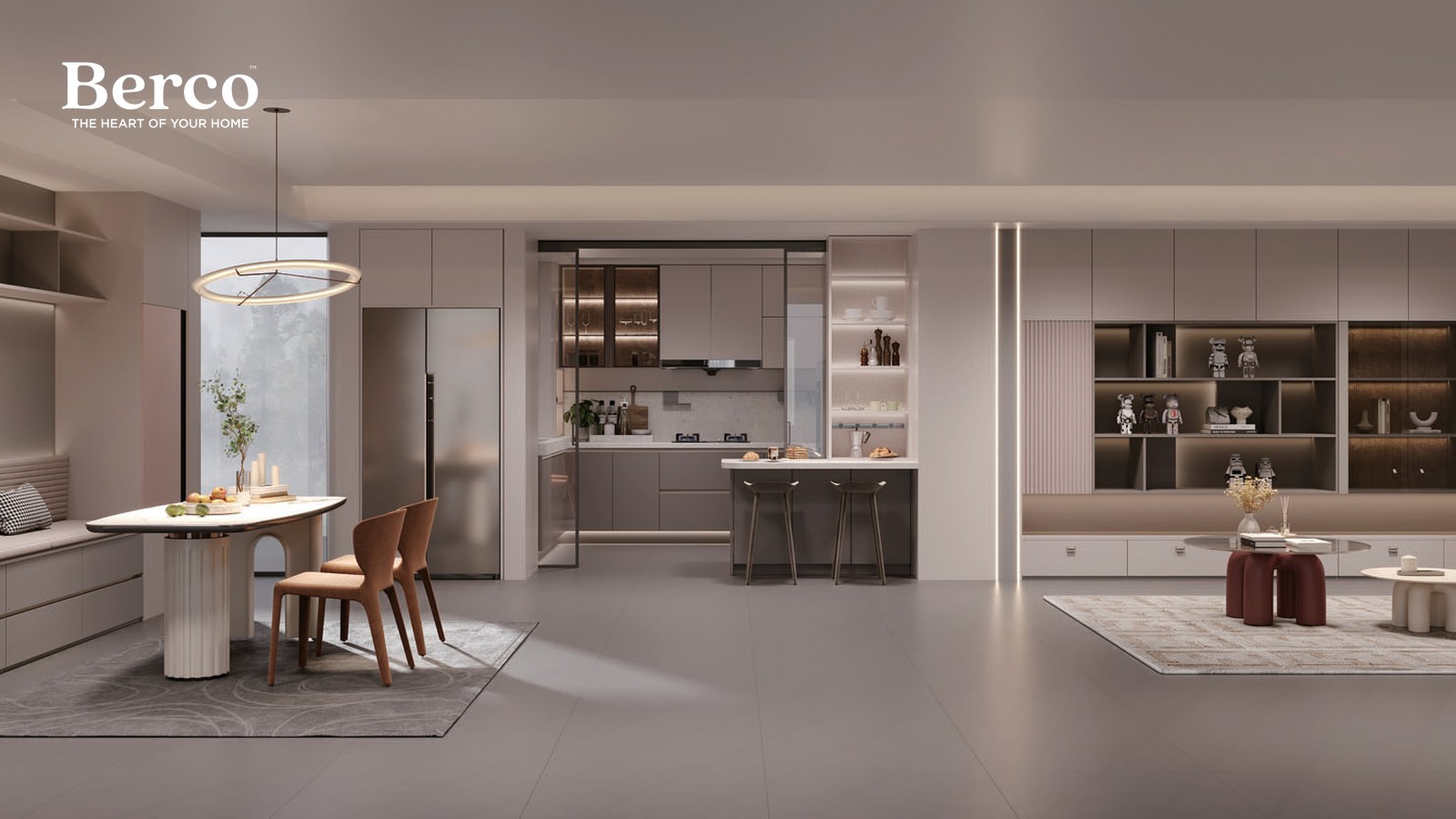 Open-plan dining with a round table, a working island and a full display wall of glass-front cabinetry — Berco design reference