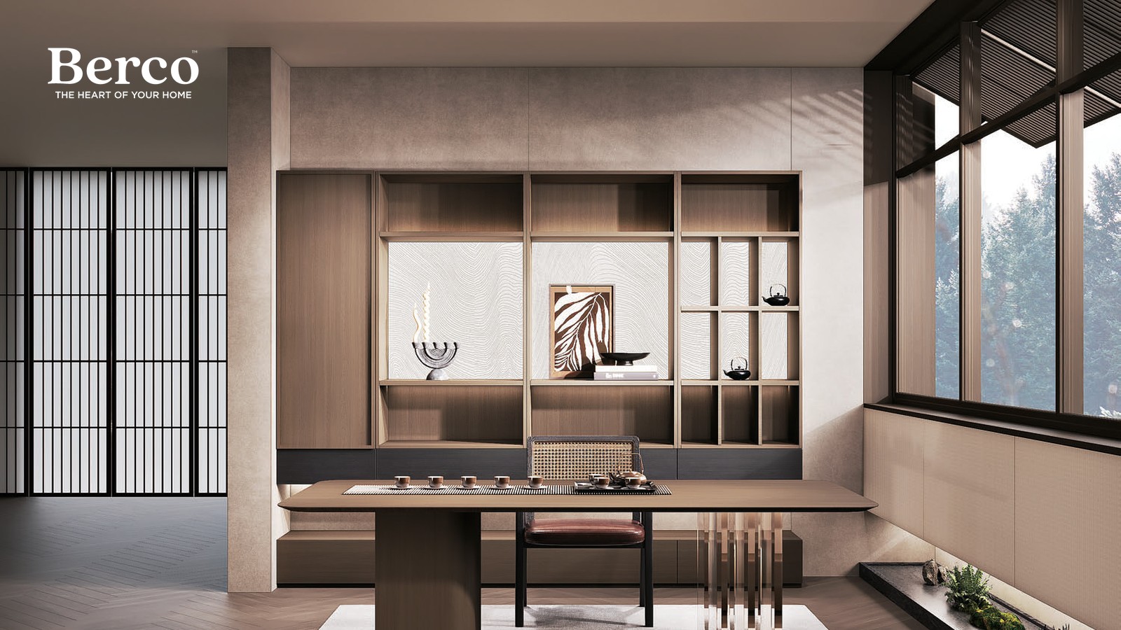 Dining and tea room with warm fitted cabinetry and a garden view — Berco design reference