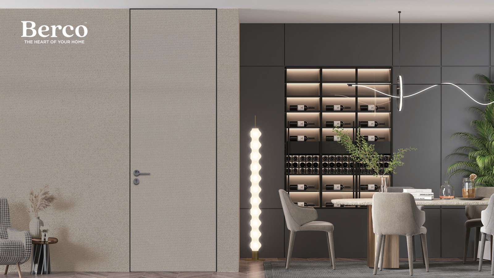 Dining room with an illuminated built-in wine-display wall — Berco design reference