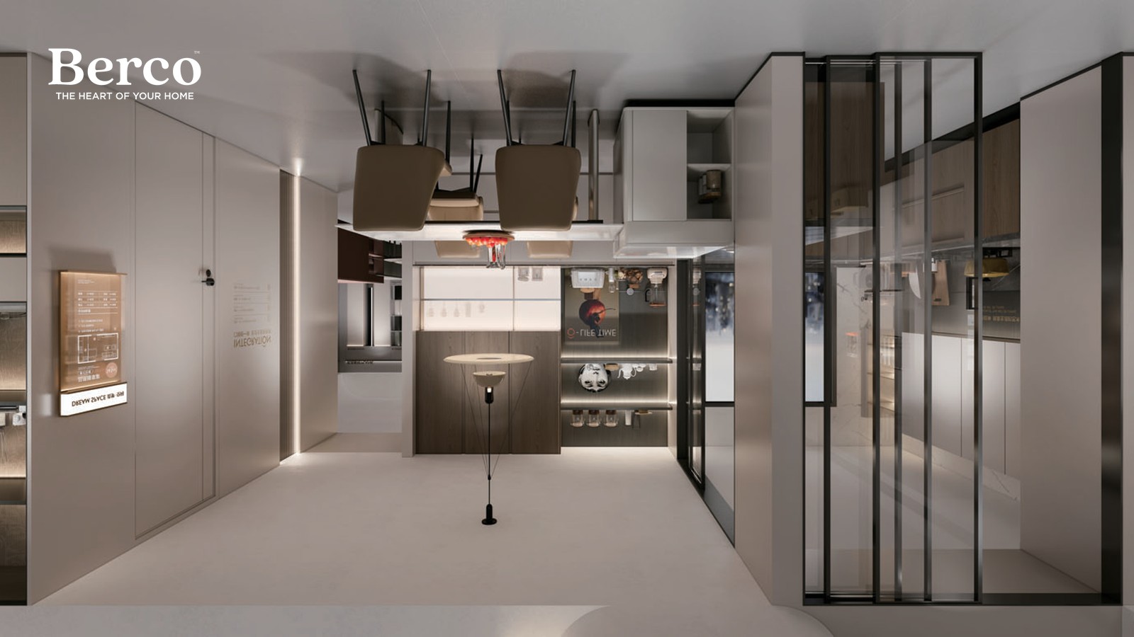 Dining area framed by slim glazed partitions, with lit display cabinetry and a pendant over the table — Berco design reference
