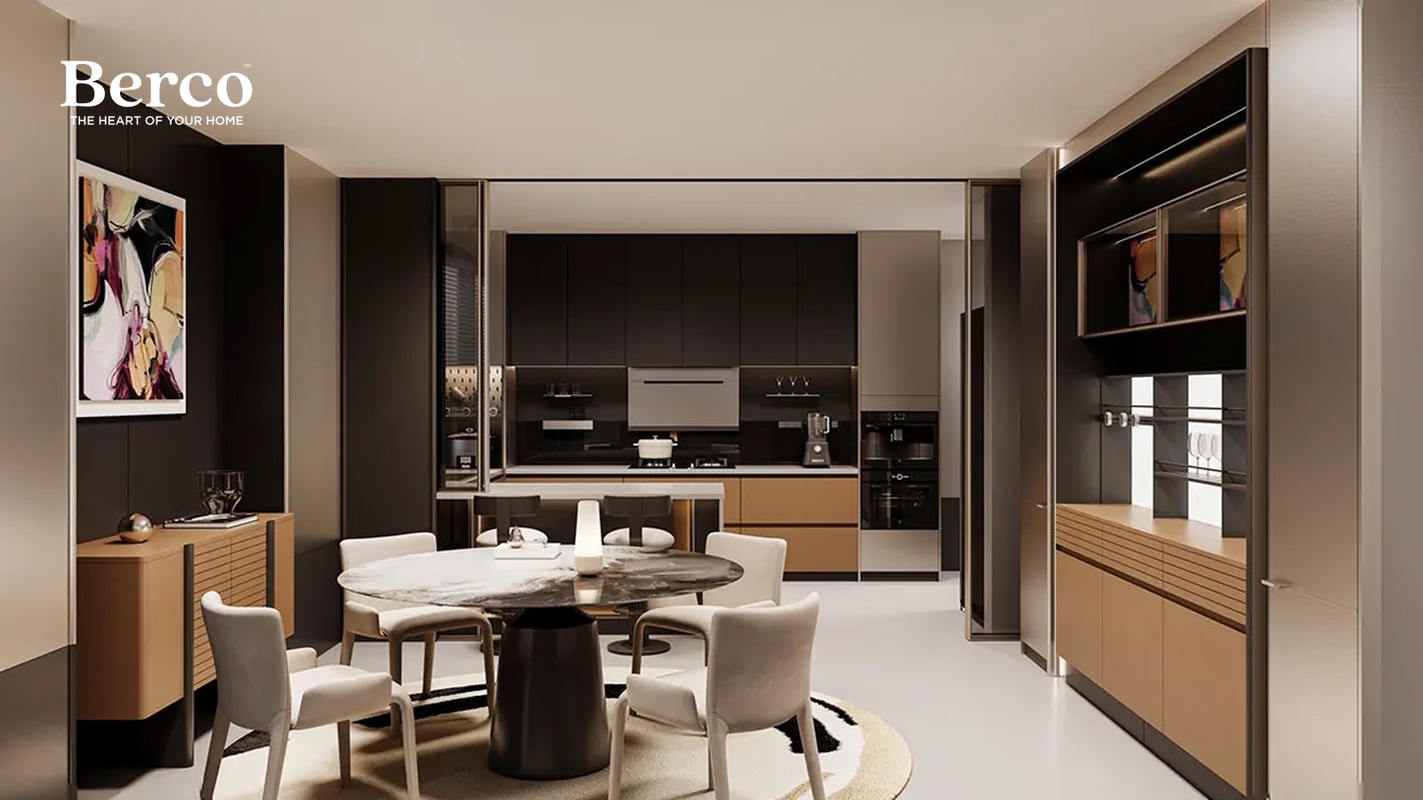 Round dining table framed by a low reeded tan sideboard against dark panelling and a tall unit with a glass-front upper cabinet, with the kitchen behind a framed opening — Berco design reference.
