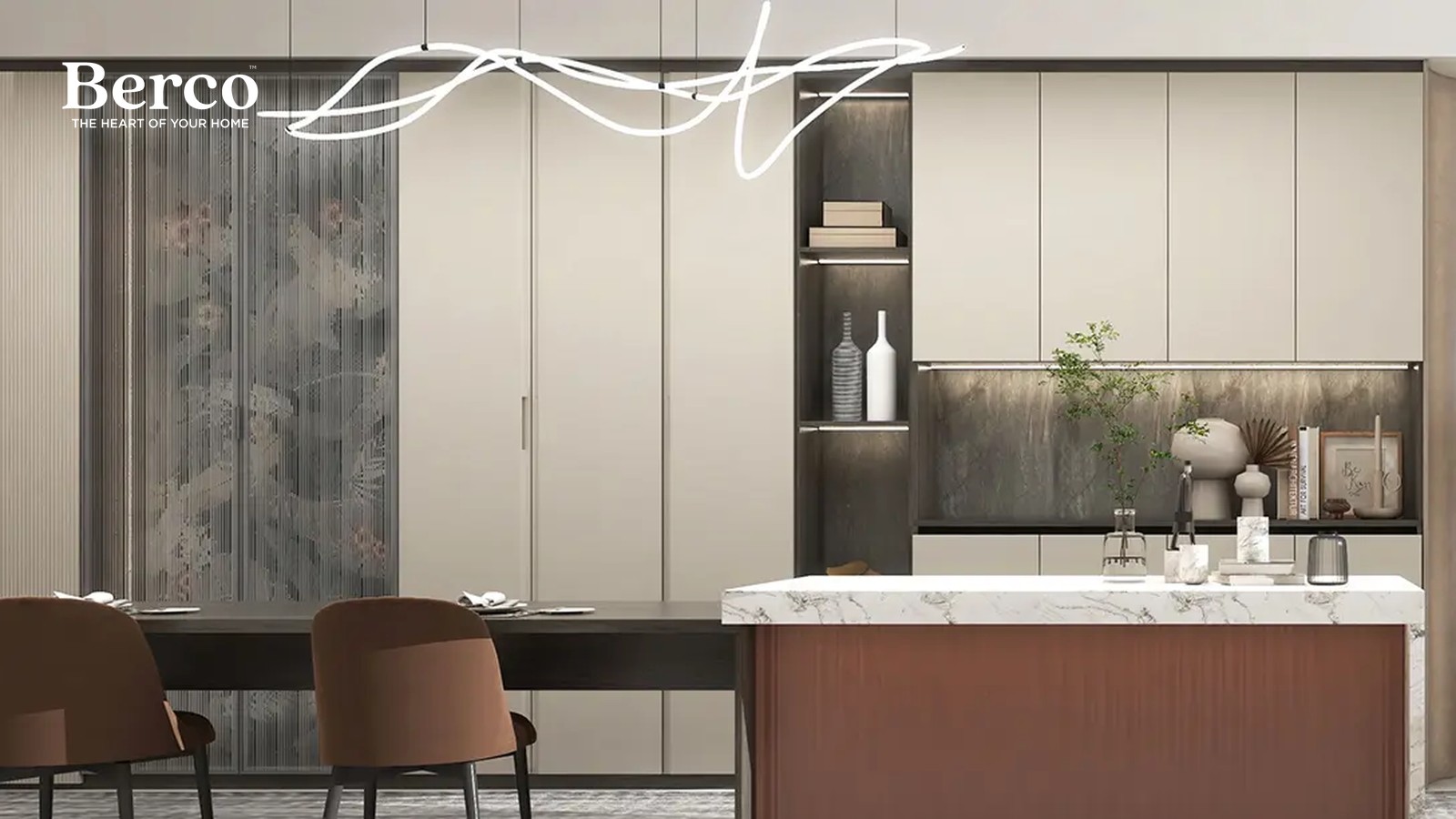 Dark timber dining counter extending from a stone-topped island with a reeded terracotta base, set against a floor-to-ceiling run of cream cabinet fronts — Berco design reference.